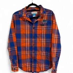 Columbia blue/orange plaid button up shirt with embroidered patch Size Small
